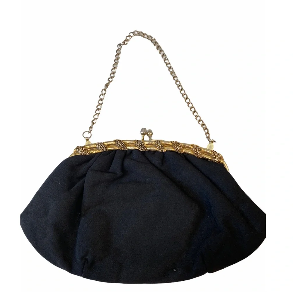 Vintage Black Clutch Gold Chain Victorian Purse Bag Party Shoulder Formal